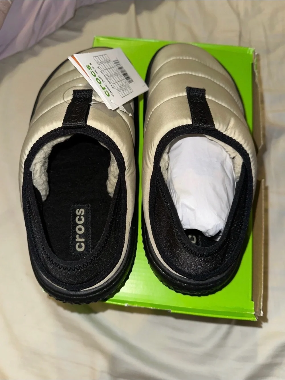 CROCS Kids Classic Puffer Slip-On in Beige and Black